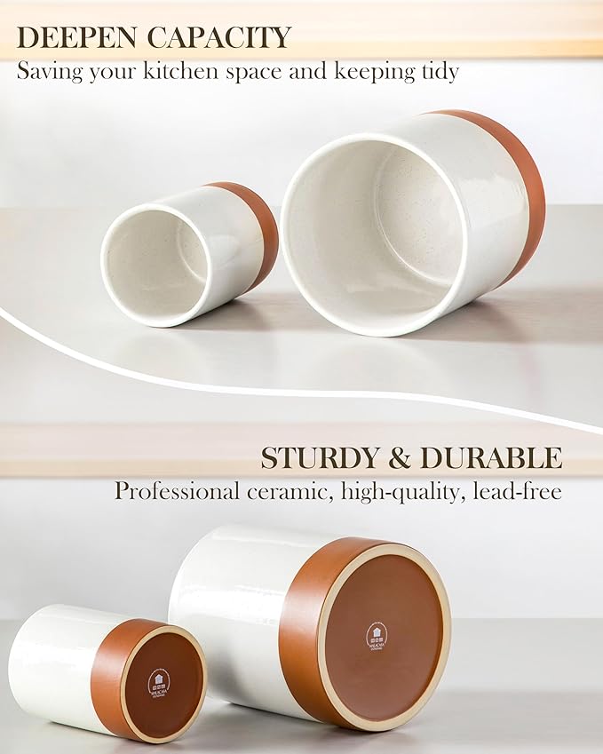 MALACASA Utensil Holder, 7.3"+5.5" Ceramic Kitchen Utensil Holder for Countertop, Large Cooking Utensil Crocks for Kitchen Counter, Farmhouse Utensils Organizer, Set of 2, Khaki White, Series TARA