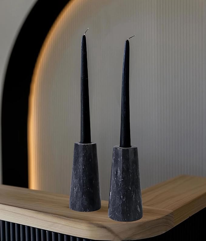 HofferRuffer Marble Candlestick Holders，Set of 2 Natural Stone Candle Holder Decorative Candle Stands for Wedding, Dinning, Party, Table Centerpieces, Fit 3/4'' Thick Taper Candles (Black)