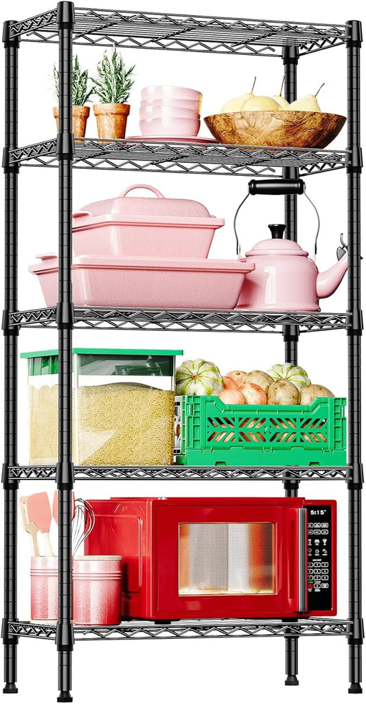 IZEUK 5 Tier Black Metal Storage Shelves, Heavy Duty Wire Shelving Rack for Garage, Kitchen, Bathroom, Laundry, Closet Organizer, 1250 lbs Capacity, 11.8" D x 29.5" W x 59.5" H