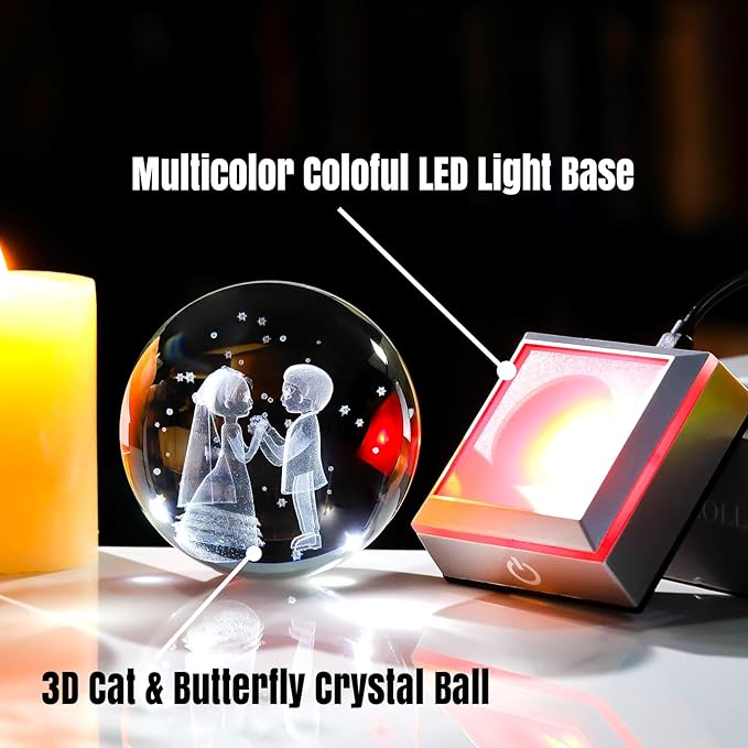 3D Crystal Ball Engraved Wedding Couples with LED Light Base 3.15'' - Gifts for Bride and Groom, Friend, Sister - Married Anniversary Presents for Partner Sweet Newlyweds Home Decor