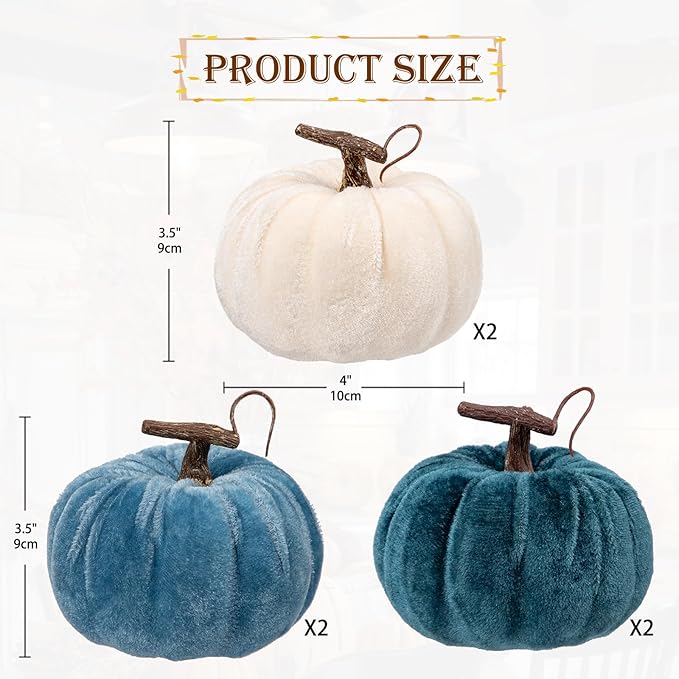 Briful Fall Pumpkins Decoration for Home, 6PCS Blue and White Velvet Fake Pumpkin Decor for Autumn Harvest Thanksgiving Halloween Table Centerpiece Tier Tray Shelf Farmhouse Decoration(4 Inch)
