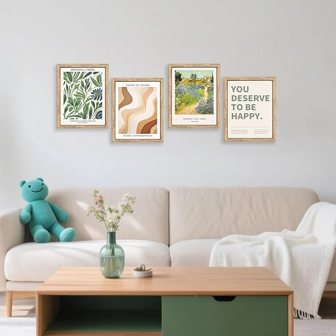 GUMEYJIA Modern Wall Art Print Set 4 Piece Wall Decor Collection Botanical Verde Desert Contemporary Van Gogh Garden Inspirational Quote Wood Frame (8"x10")