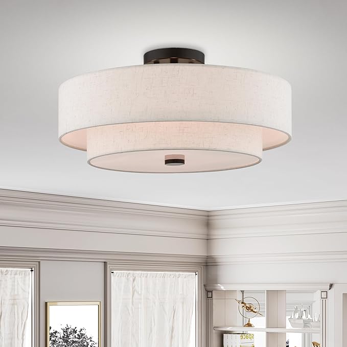 Livex Lighting 51085-92 4-Light Semi Flush Mount Ceiling Fixture with Oatmeal Color Fabric Hardback Drum Shade and Satin White Diffuser, English Bronze