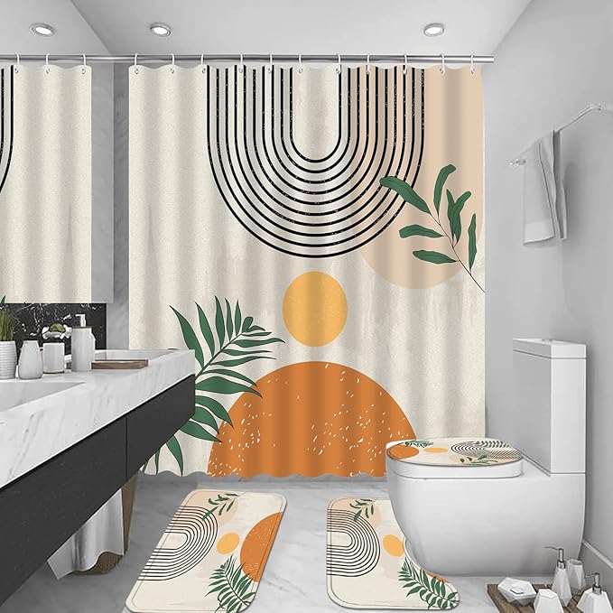 FZDHHY 4PCS Boho Shower Curtain Set Retro Orange Shower Curtain Bathroom Set with Rugs Abstract Shower Curtains for Bathroom with Carpet Bath Mat Toilet Rugs