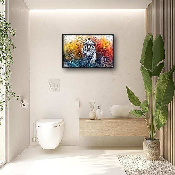 Extra Large Framed Abstract White Tiger Wall Art,Oversized Colorful Cool Tiger Wall Decor,Wild Animal Pictures for Living Room,Canvas Print Painting Modern Artwork Bedroom Office Bathroom 36L x24W
