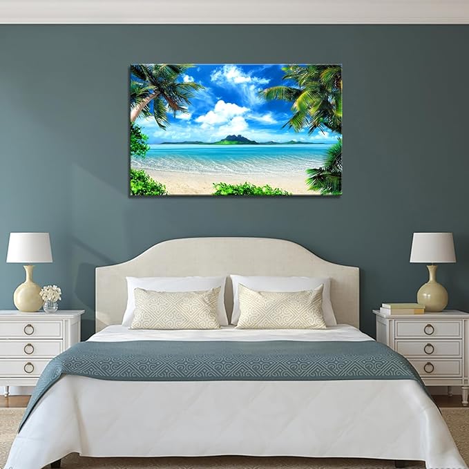 DZL Art S72781 Canvas Wall Art Ocean Waves Coconut Trees on Sands Beach Seascape Scenery Painting Nature Picture for Bedroom Home Office Wall Decor