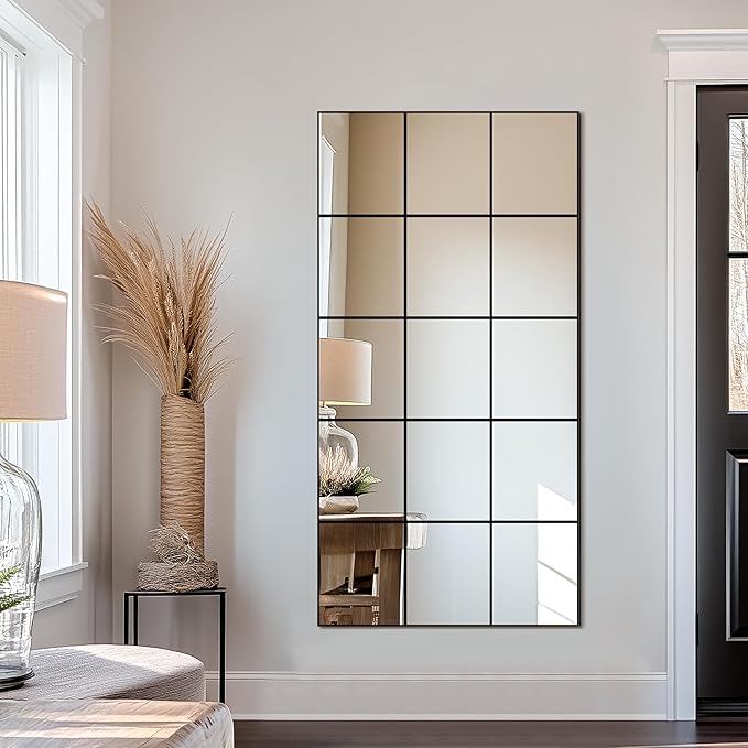 Delma Full Length Mirror, 28"x 55" Window Pane Decorative Mirror for Wall, Black Metal Framed Wall Decor, Wall Mounted, Hanging or Leaning for Bedroom, Living Room, Entryway