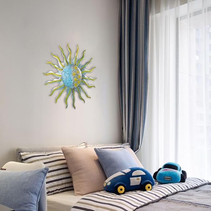 Large Metal Sun Wall Decor Outdoor, 27 Inch Sun and Moon Decor Metal Wall Art, 3D Sun Wall Decor for Patio Garden Yard Fence Bedroom Living Room Decoration