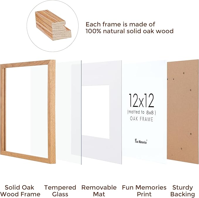 Fun Memories 12x12 Picture Frames Set of 3, Natural Oak Wood Frame With Mat for 10 x 10, Square With Tempered Real Glass, Gallery Wall Set