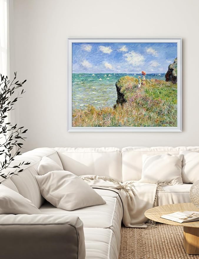 DECORARTS - Claude Monet The Cliff Walk at Pourville, Large Framed Wall Art, Canvas Size 35x28, Outer Dimensions Larger With Customizable Solid Wood Frames, Giclee Canvas Print, Made in USA