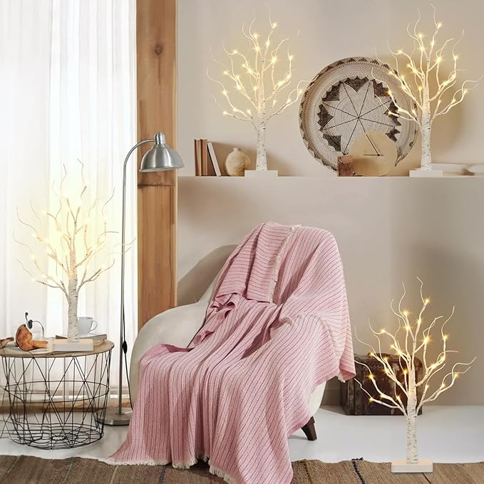 Vanthylit 4 Pcs Lighted Birch Tree Battery Powered Tabletop Tree Decorations for Home Fireplace Party Christmas Decorations (22 Inch)