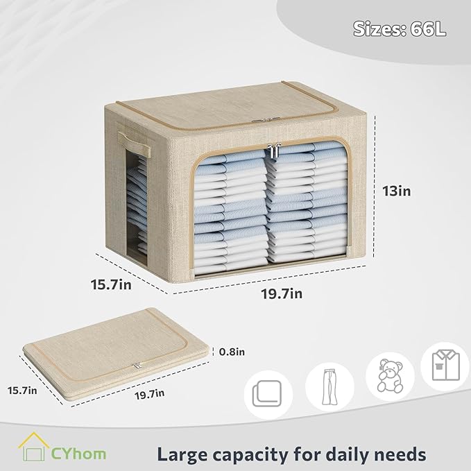 Clothes Storage Bins Box - Linen Fabric Foldable Stackable Container Organizer Set with Clear Window & Carry Handles & Metal Frame - 2Pack Large Capacity for Bedding, Blankets, Books