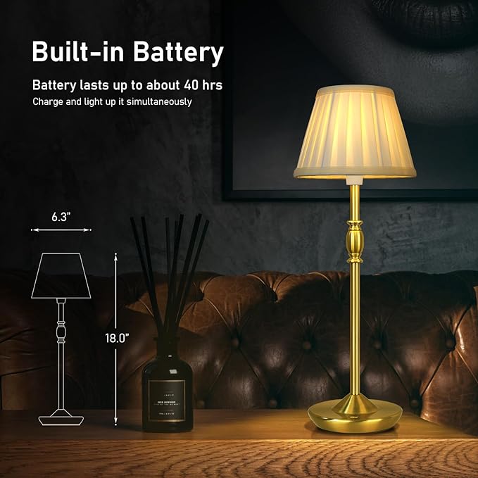 Cordless LED Touch Lamp with Dimmer Portable Small Table Lamp, 18" 2700K Rechargeable Battery Light for Bedside, Dining Room, Bedroom Lamp, Patio, Bar, Night Light, Bathroom (Antique Brass)
