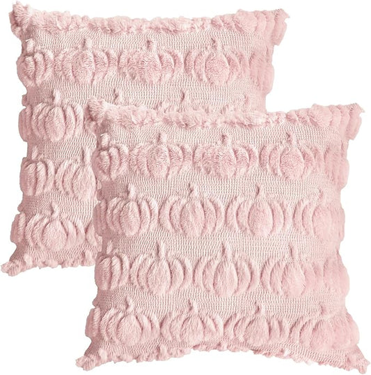 AVOIN colorlife Fall Pumpkin Pink Throw Pillow Covers, 18 x 18 Inch Seasonal Autumn Thanksgiving Harvest Decoration Soft Plush Faux Fur Jacquard Cushion Case Decoration for Sofa Couch Set of 2