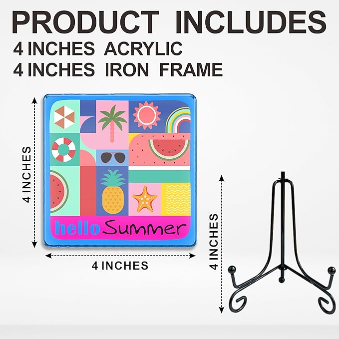 Hello Summer Acrylic Sign With A Metal Support - 4x4" Seasonal Abstract Summer Vibe Tabletop Acrylic Plaque - Home Desk Office Shelf Aesthetic Display Art Decoration & Favors For Women Men - A04