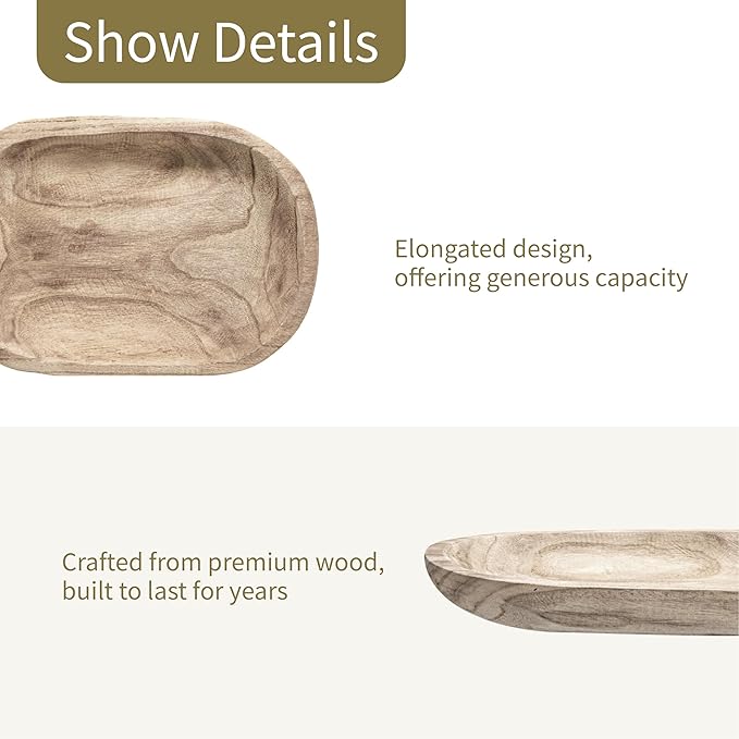 Wooden Dough Bowl Decor, Key Decorative Centerpiece Bowl, Hand Carved Baguette Bowl, Home Decor for Dining Table Center, Living Room, Kitchen (L14.6*W10.2*H0.8 inches) Squircle-Natural