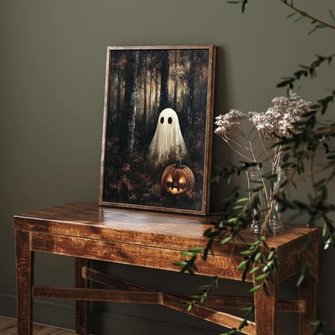 RETRART Vintage Halloween Ghost Wall Decor Pumpkin Head Wall Art Print 11x14 inch Horror Decor, for Bedroom, Kitchen Spooky Wall Decor, Moody Fall Forest Gallery Style Canvas Picture -Unframed