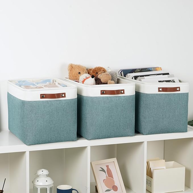 DULLEMELO Large Storage Baskets, Storage Basket with Handles for Shelves, Linen Closet Organizers for Home Office, Decorative Storage Baskets for Toys Storage (3 Pack, White&Deep Green)