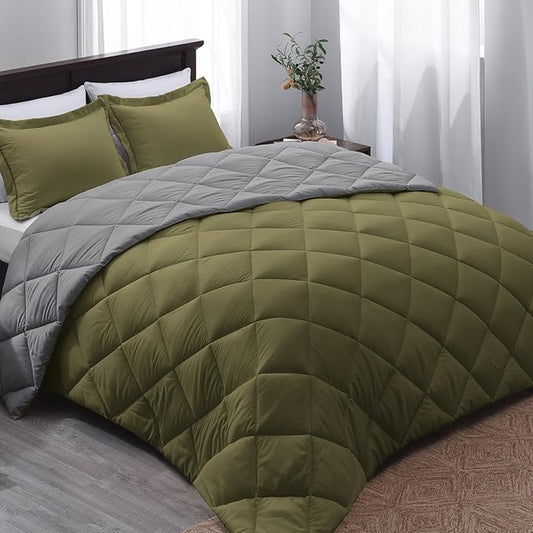Beyond Twin Comforter Set - Olive Green/Charcoal Gray, Reversible, All Seasons - 1 Comforter (66"x92") and 1 Pillow Sham (20"x26"+2")