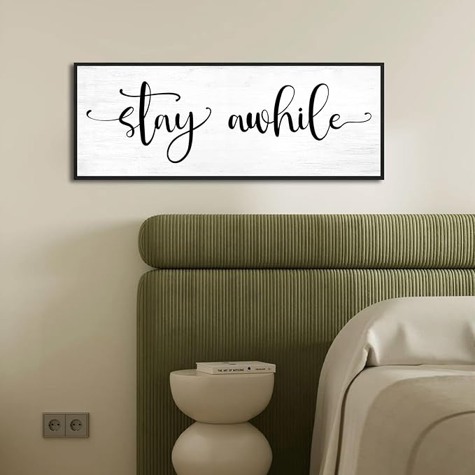 Stay Awhile Sign Wall Decor: 40''×15'' Farmhouse Kitchen Wall Art Print Rustic Framed Canvas Painting, Large Black Hanging Plaque for Dining Room Living Room Bedroom Home Decor