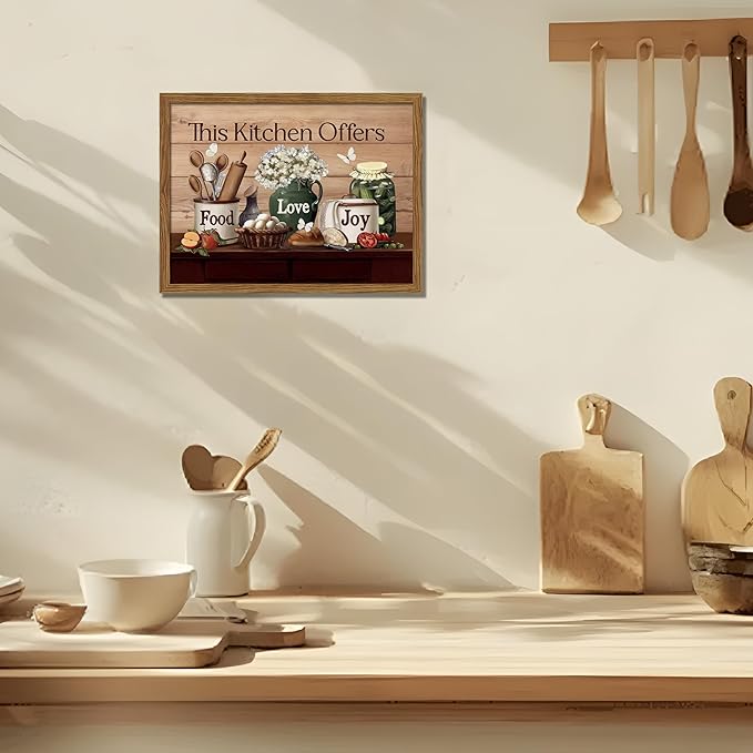 Kitchen Wall Art, Vintage Rustic Farmhouse Food Still Life Wall Decor Paintings, This Kitchen Offers Food Love and Joy Canvas Pictures Posters Prints for Dining Room Home Decor 12x16 Inch Wood Framed