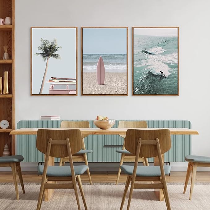 CHDITB Beach Framed Canvas Wall Art Set, Palm Tree Surfboard Seascape Wall Decor, Ocean Surfing Wall Painting, Coastal Art Print for Living Room, Bedroom, Dining Room, Bathroom - Large Size 16"x24"x3