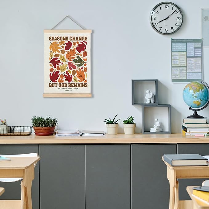 Supwhd Christian Fall Wall Art with Wooden Poster Hanger, Fall Wall Decor, Fall Posters, Farmhouse Autumn Harvest Thanksgiving Wall Art Decor, Fall Home Decor, Seasons Change God Remains 16x24