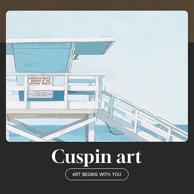 Framed Blue Coastal Beach Wall Art for Room Decor, 4 Piece Beach Ocean Bathroom Canvas Pictures Prints, Palm Tree Surfboard Coastal Summer Artwork for Living Room Bedroom Office Walls Decor, 11x14 In