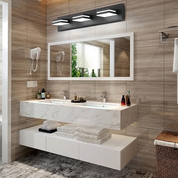 SineRise LED Modern Bathroom Vanity Light Fixtures (3-Light, 24-Inch), Matte Black Modern Acrylic Bathroom Wall Lighting Fixtures Over Mirror (Cool White 6000K)