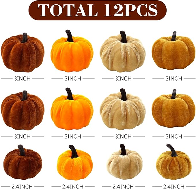 CH HAICHENG 12 Pcs Velvet Pumpkins Assorted Colors and Sizes Fake Artificial Small Velvet Pumpkin Fall Decorations for Home Farmhouse Harvest Wedding Halloween Thanksgiving Decor