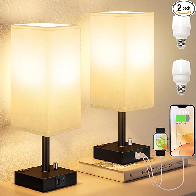 White Fully Dimmable Nightstand Lamps Set of 2 - Table Bedside Lamp with USB C+A Charging Ports & 2 AC Outlets, Square Lamp Sets Linen Fabric Shade for Bedroom Living Room(Bulb Included)