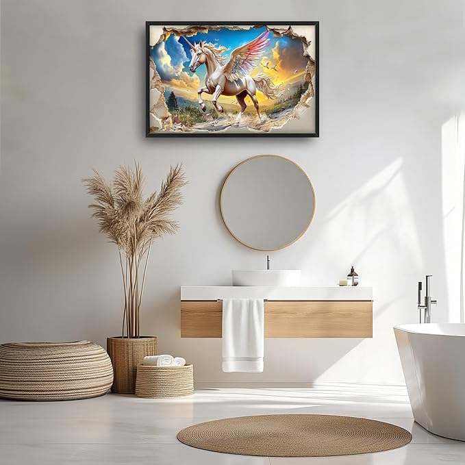 Framed Large Wall Art for Living Room, Unicorn Canvas Wall Decor, Large White Horse Pictures Framed Painting, Natural Landscape Artwork for Bedroom Office Home Decor 36L'' × 24W''