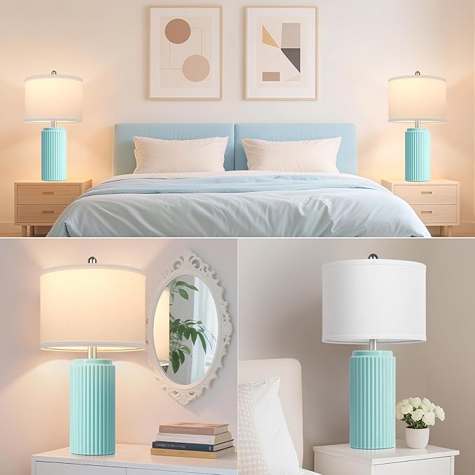23.5’’ Light Green Coastal Table Lamps for Bedroom Set of 2, Modern Ceramic Nightstand Lamps for Living Room, Elegant Bedside Lamps with White Line Shade Set for Reading, Farmhouse Side Table Lamps