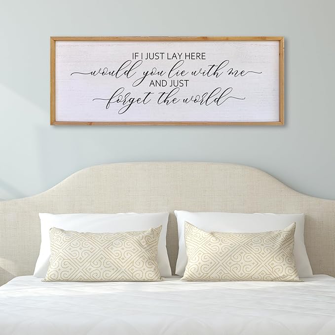 Surfapans If I Lay Here Would You Lie With Me Wall Decor Sign 32”X12” Master Room Bedroom Above Bed Large Farmhouse Inspirational Quotes Minimalist Wood Framed Over Bed Wall Art Decoration (Wood)