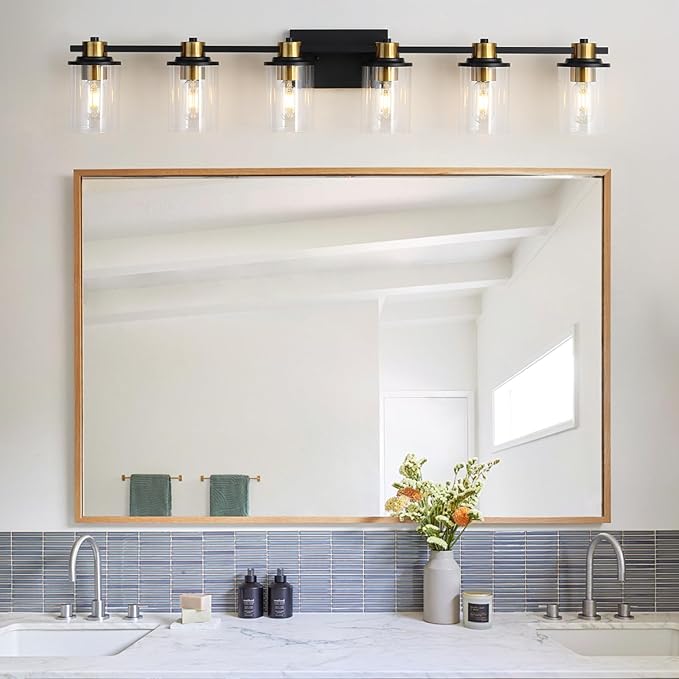 LOUSACE Bathroom Lighting Fixtures Black and Gold 6 Light Bathroom Vanity Light Over Mirror with Clear Glass Shades, Brushed Gold Socket Wall Vanity Lighting Fixtures for Bedroom Living Room