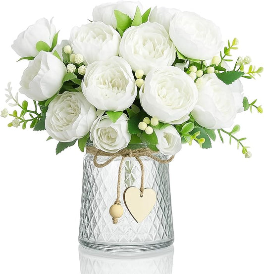 Geosar 2 Bundles Artificial Peonies Flowers Fake Silk Peony Bouquet Faux Peonies Flowers Bulk for Decoration Vase Florals Arrangements Wedding Party Table (White)