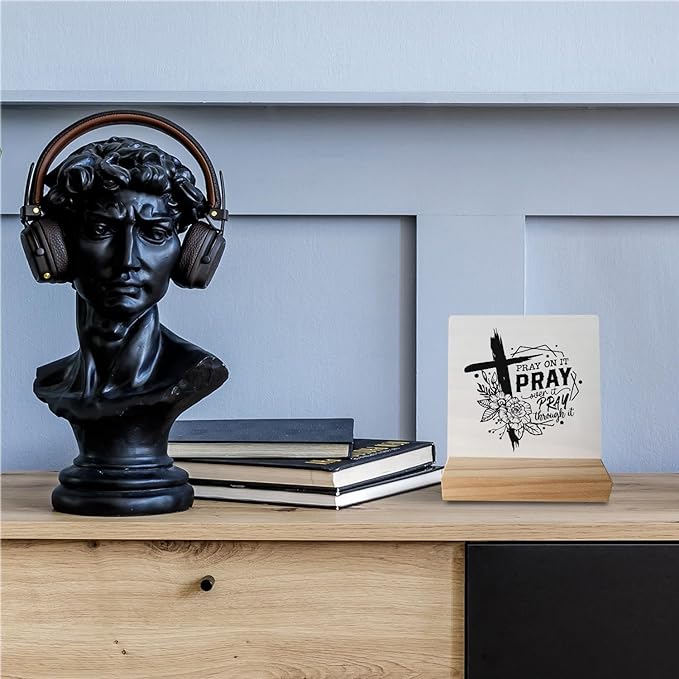 Pray on It Pray Over It Pray Through It Prayer Desk Small Wood Sign Signs with Wooden Stand,Inspirational Christian Sign Decor for Home Church,Christian Gifts for Women Men Teen Girls Boys