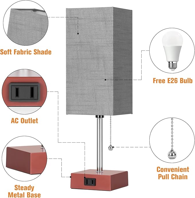 Bedside Table Lamp for Bedroom Nightstand, 3 Color Pull Chain Nightstand Lamps Set of 2 with AC Outlets, Square Gray Lampshade Bedside Lamp for Living Room, Office Desk, LED Bulb Included