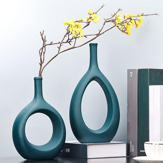 Green Ceramic Hollow Elliptical Vase Set of 2 - Boho Circle Vase with Hole, for Modern Green Table Decor, Living Room Decor Shelf mid Century Modern Home Entrance Decorative vase