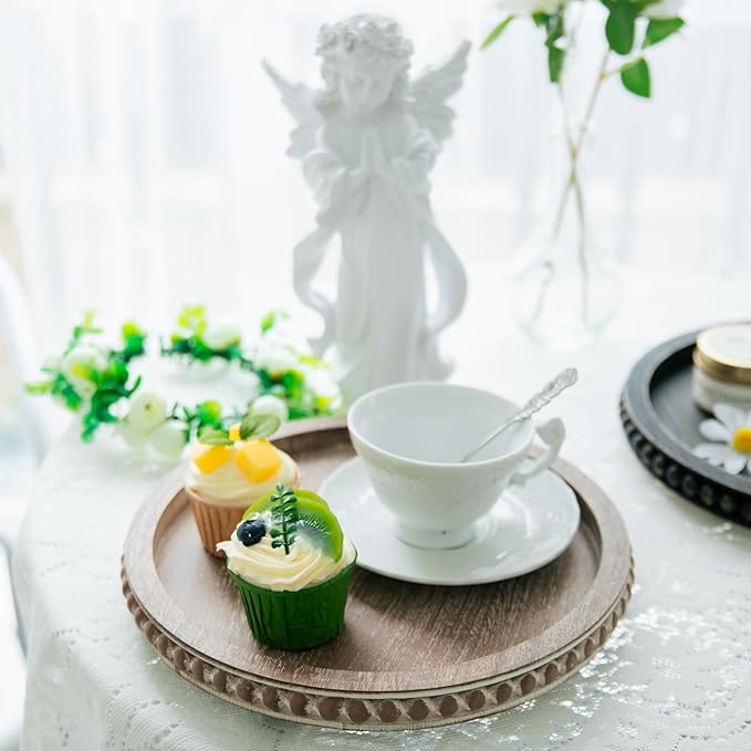 HPC Decor 12in Round Gray Wood Beaded Tray - Decorative Living Room, Coffee Table, Kitchen Table, Dining Room or Farmhouse Serving Tray