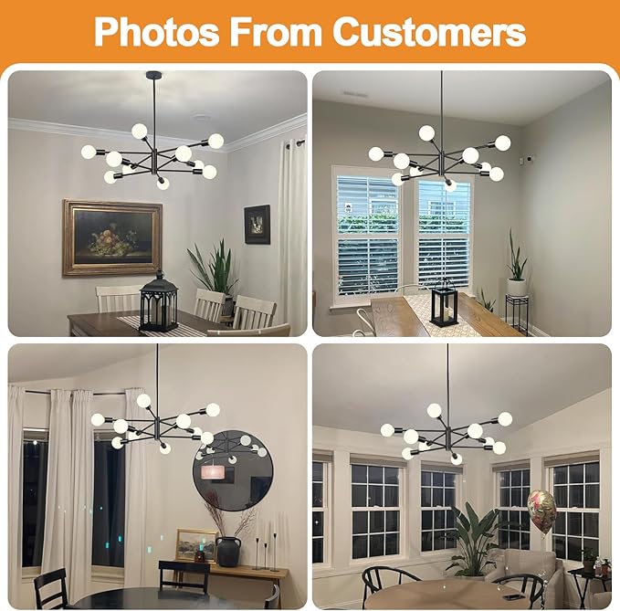 Sputnik Chandeliers Dining Room Light Fixture (10-Light, 33-Inch), Modern Black Chandelier, Height Adjustable Mid Century Modern Chandeliers for Dining Room Kitchen Island