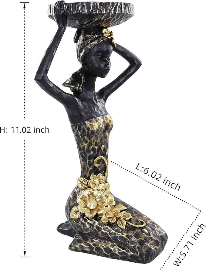 African Lady Figurine Candle Holder with African Tribal Totem for Wedding,Church,Holiday Decor-African Decorative Women Statues, Candlestick Holder for Home and Table Decor(404-Black)