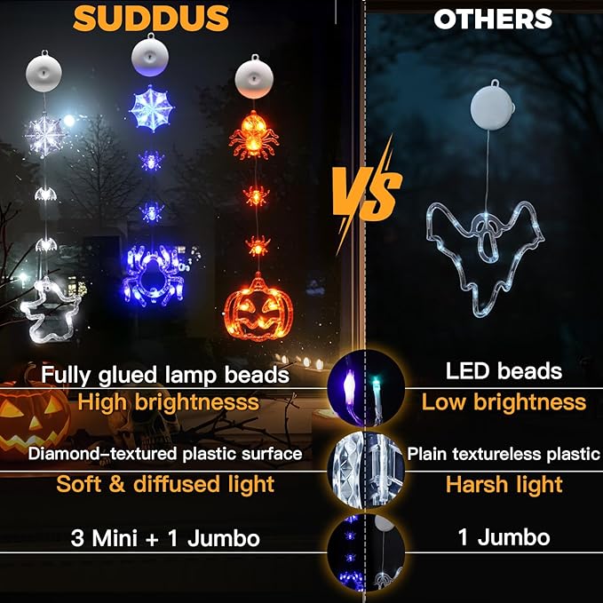 suddus 3 Pack Halloween Window Lights with Suction Cup- Battery Operated Lights Indoor with Timer - Orange Pumpkin, Purple Spider & White Ghost Decorations for Party, Room, Window, Door, Wall, Indoor