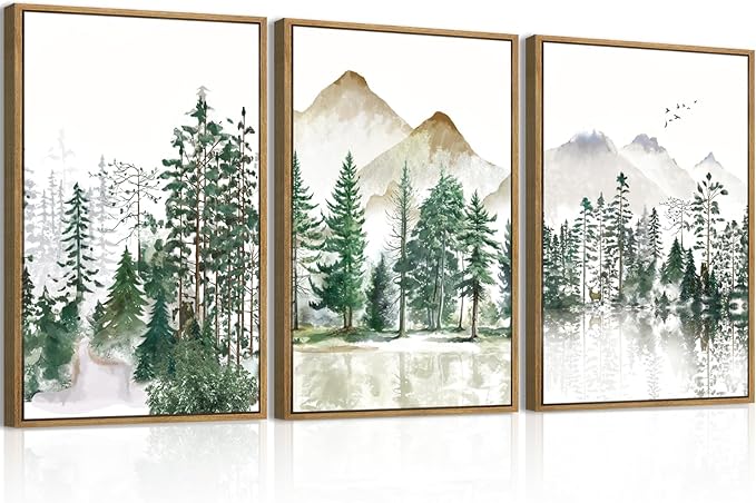 Extra Large Forest Mountain Wall Art Green Watercolor Framed Tree Painting Wall Decor for Living Room Bedroom Bathroom Office 24x36 Inch Set of 3