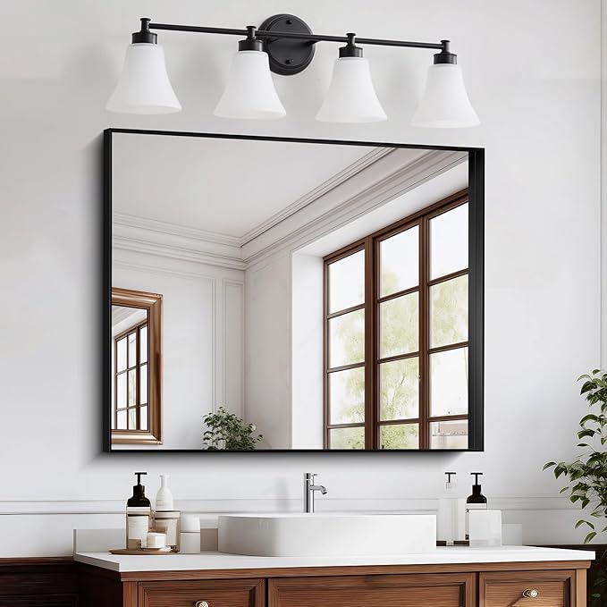 LOUSACE 4 Light Bathroom Vanity Light Matte Black Bathroom Lighting Fixtures Over Mirror with Opal White Frosted Glass Shade, Vintage Traditional Wall Lighting Fixture Vanity Lights for Bedroom
