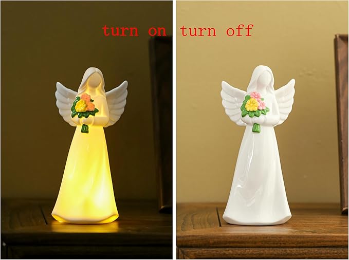 ADAVAS.Y&G Lighted Angel Figurine with Flowers – Ceramic Angel Night Light – LED Memorial Angel Statue – Christian Gift for Women, Mom, Grandma, Sympathy or Mother’s Day