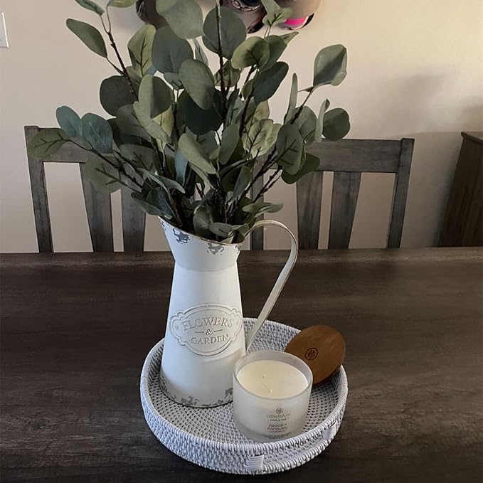 11.8 inch Round Rattan Tray, Decorative Coffee Table Trays, Ottoman Tray, Woven Serving Tray with Handles, Wicker Serving Basket, Whitewash