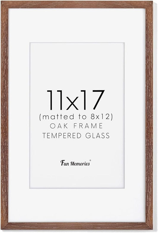 Fun Memories 11x17 Picture Frame, Natural Solid Oak Wood Frame 11 x 17 with Tempered Glass, 11''x17'' Matted for 8x12 Picture, Minimalist Wooden by Poster Art Walnut