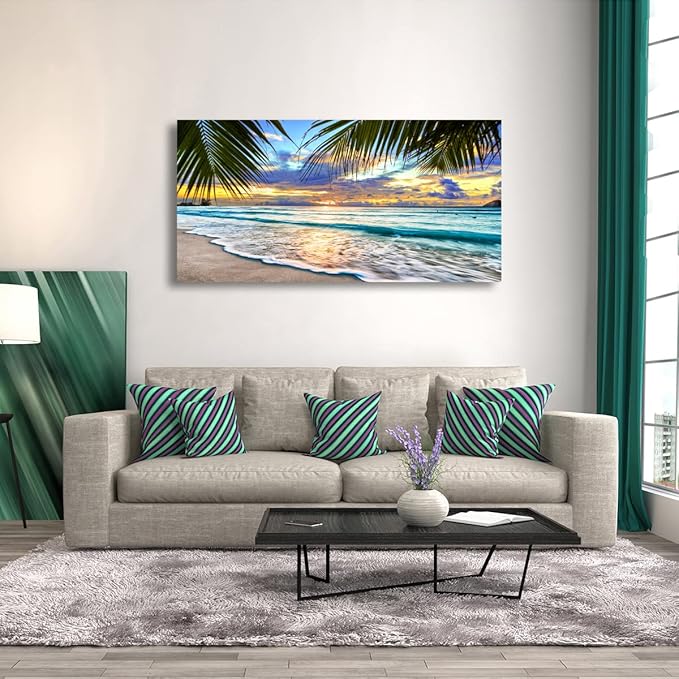 Beach Canvas Wall Art Seascape Theme Pictures Home Decor Blue Ocean White Wave Palm Tree Prints Paintings for Living Room Bathroom Bedroom Kitchen Office Decoration Natural Scenery Artwork 24x48inches