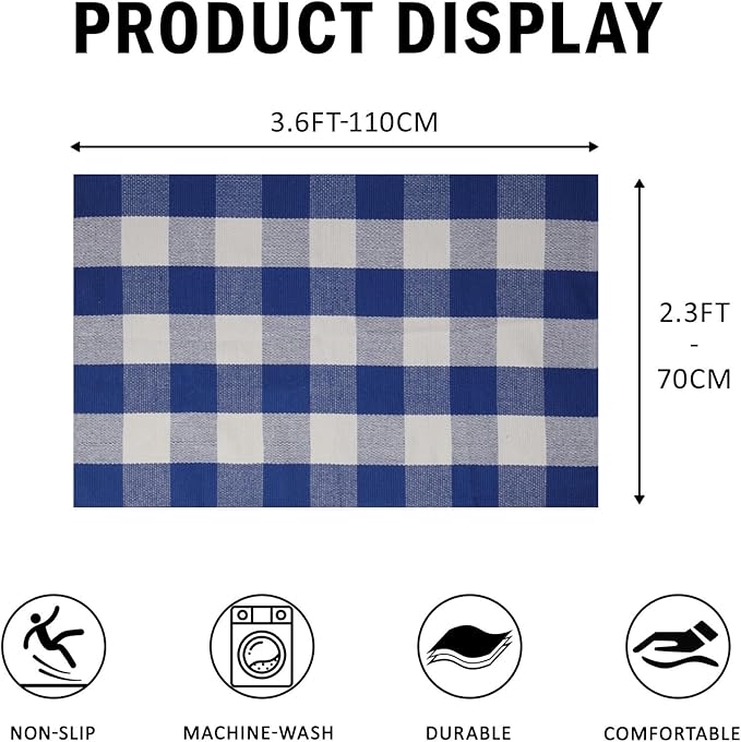 SEEKSEE Cotton Buffalo Plaid Rug 27.5"x43" Blue and White Checked Rug Washable Doormats Indoor Outdoor Rugs for Layered Front Door Mats, Porch, Kitchen, Farmhouse, Entryway